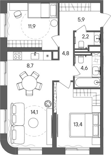 Планировка — СТОУН Сокольники, 3-комн., 66 м²