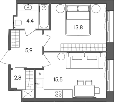 Планировка — СТОУН Сокольники, 1-комн., 42 м²