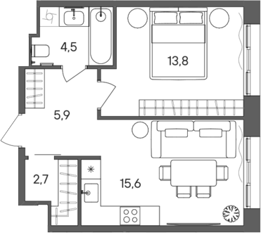 Планировка — СТОУН Сокольники, 1-комн., 43 м²