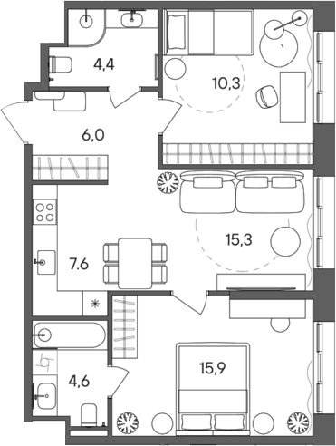 Планировка — СТОУН Сокольники, 3-комн., 64 м²