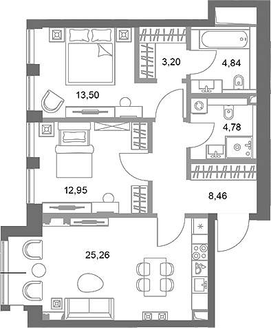 Планировка — ФАЙВ ТАУЭРС, 2-комн., 73 м²