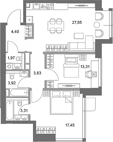 Планировка — ФАЙВ ТАУЭРС, 2-комн., 76 м²