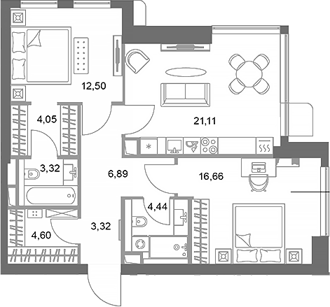 Планировка — ФАЙВ ТАУЭРС, 2-комн., 77 м²