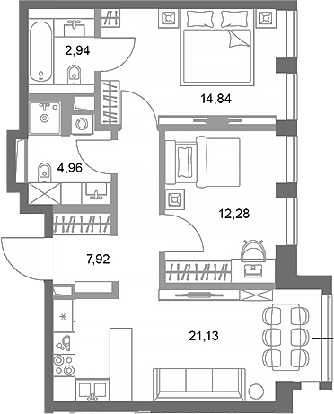 Планировка — ФАЙВ ТАУЭРС, 2-комн., 64 м²