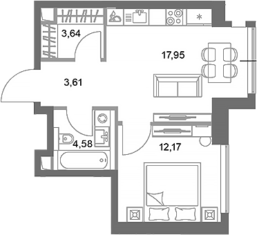Планировка — ФАЙВ ТАУЭРС, 1-комн., 42 м²