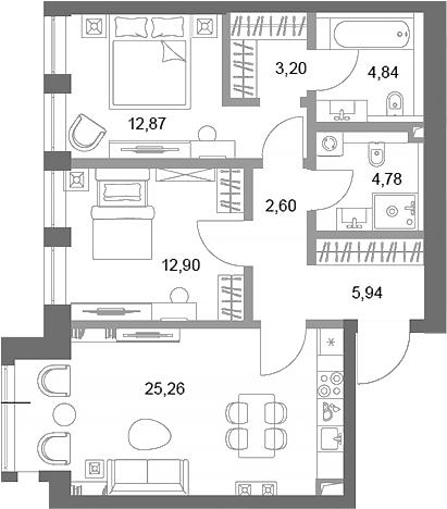 Планировка — ФАЙВ ТАУЭРС, 2-комн., 72 м²