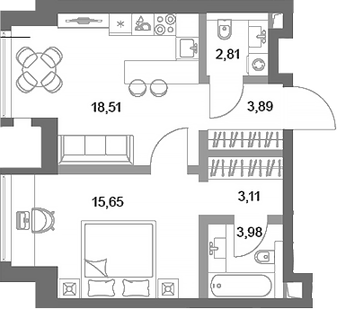 Планировка — ФАЙВ ТАУЭРС, 1-комн., 48 м²