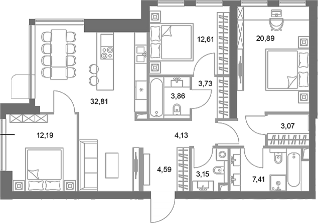 Планировка — ФАЙВ ТАУЭРС, 3-комн., 108 м²