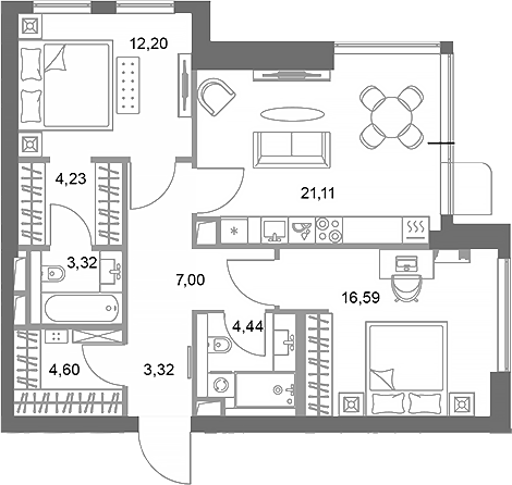 Планировка — ФАЙВ ТАУЭРС, 2-комн., 77 м²