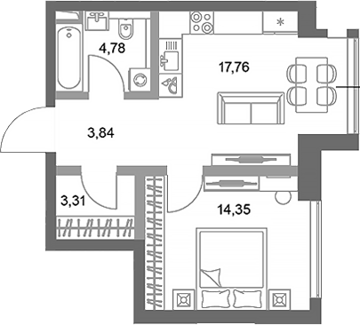 Планировка — ФАЙВ ТАУЭРС, 1-комн., 44 м²