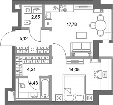 Планировка — ФАЙВ ТАУЭРС, 1-комн., 48 м²