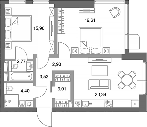 Планировка — ФАЙВ ТАУЭРС, 2-комн., 72 м²