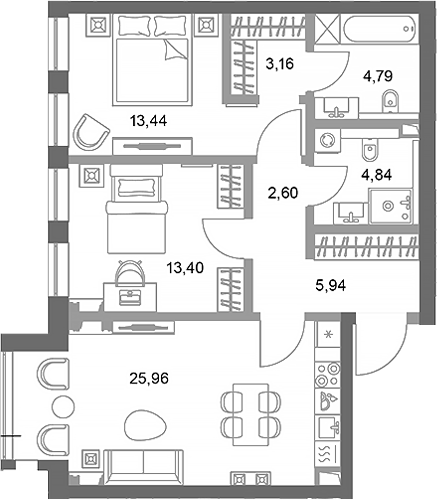 Планировка — ФАЙВ ТАУЭРС, 2-комн., 74 м²