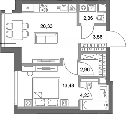 Планировка — ФАЙВ ТАУЭРС, 1-комн., 47 м²