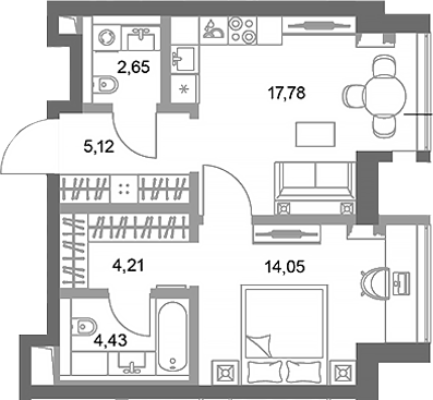 Планировка — ФАЙВ ТАУЭРС, 1-комн., 48 м²