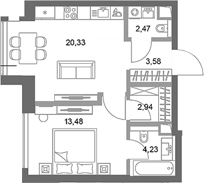 Планировка — ФАЙВ ТАУЭРС, 1-комн., 47 м²