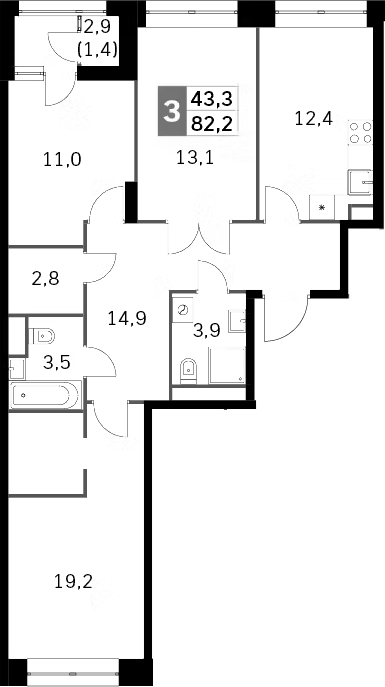 Планировка — Sky Garden, 3-комн., 81 м²