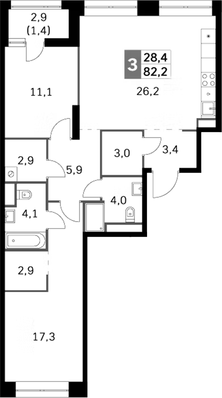 Планировка — Sky Garden, 3-комн., 81 м²