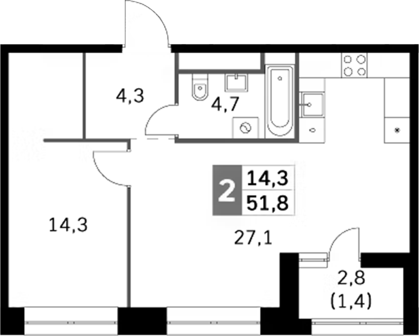 Планировка — Sky Garden, 2-комн., 50 м²