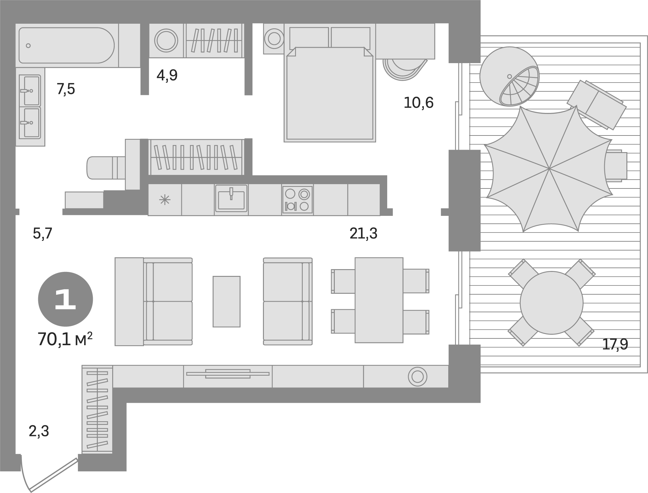 Планировка — Квартал МОНС, 1-комн., 52 м²