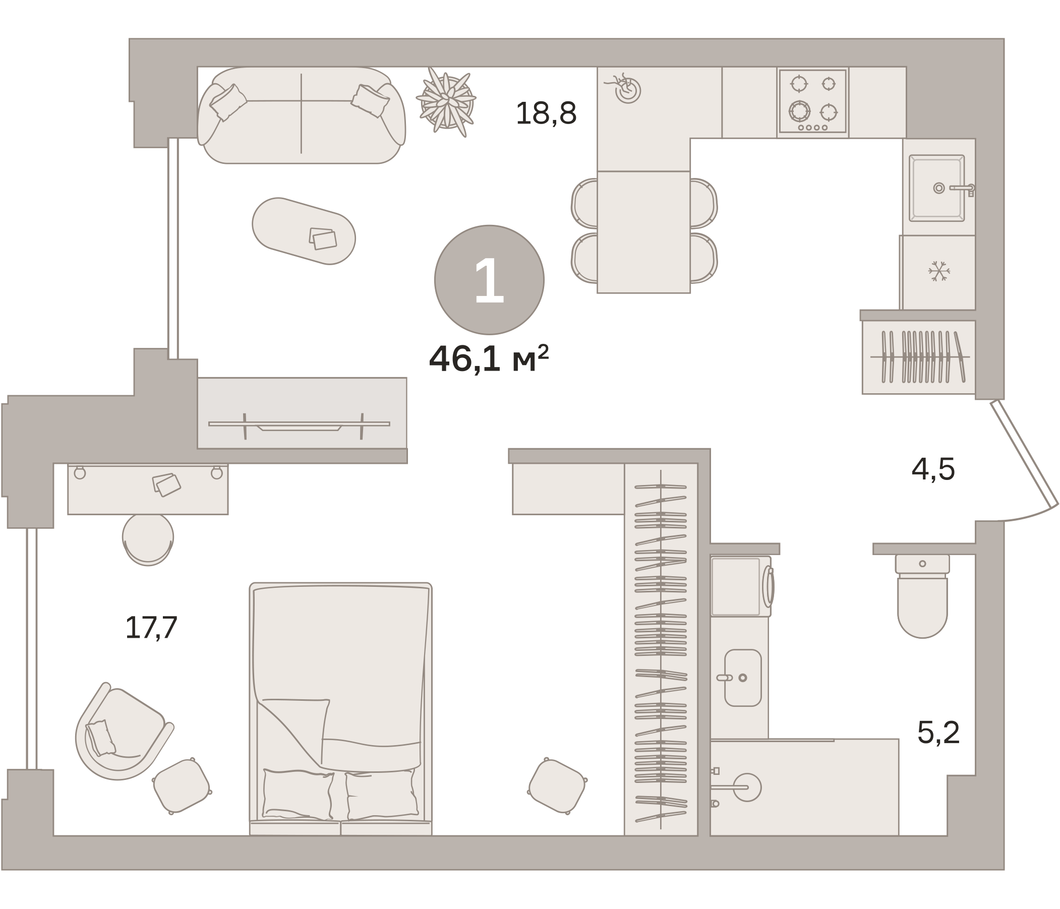 Планировка — Квартал МОНС, 1-комн., 46 м²