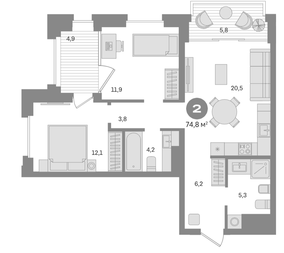 Планировка — Квартал МОНС, 2-комн., 64 м²