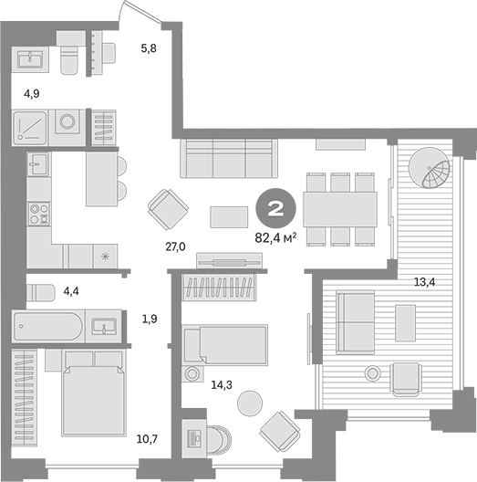 Планировка — Квартал МОНС, 2-комн., 69 м²