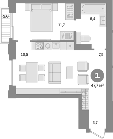 Планировка — Квартал МОНС, 1-комн., 46 м²