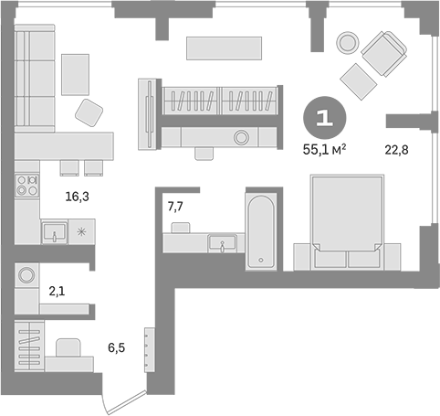Планировка — Квартал Издание, 1-комн., 56 м²