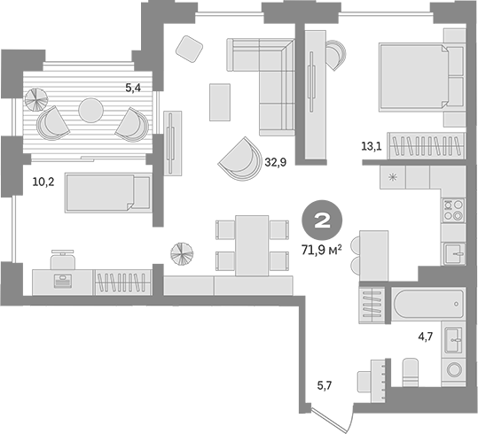 Планировка — Квартал МОНС, 2-комн., 67 м²