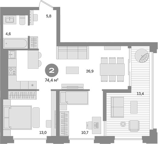 Планировка — Квартал МОНС, 2-комн., 61 м²
