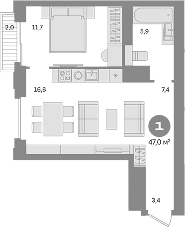 Планировка — Квартал МОНС, 1-комн., 45 м²