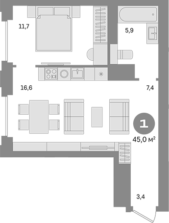 Планировка — Квартал МОНС, 1-комн., 45 м²