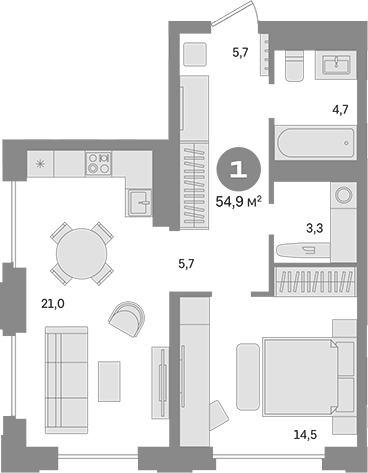 Планировка — Квартал МОНС, 1-комн., 55 м²