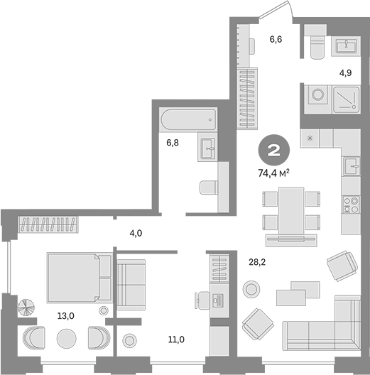 Планировка — Квартал МОНС, 2-комн., 74 м²