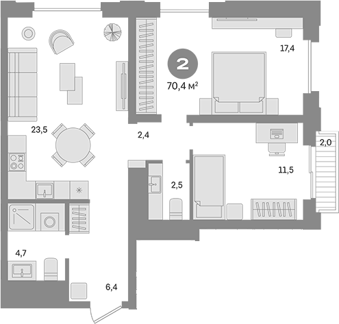 Планировка — Квартал МОНС, 2-комн., 68 м²