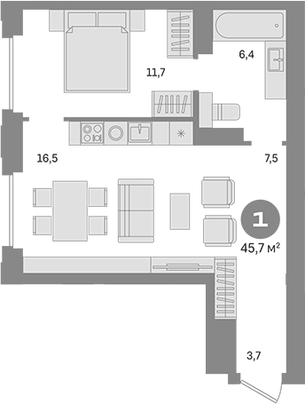 Планировка — Квартал МОНС, 1-комн., 46 м²