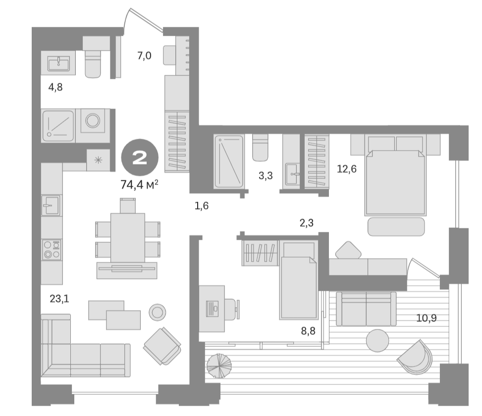 Планировка — Квартал МОНС, 2-комн., 64 м²