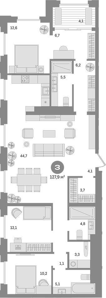 Планировка — Квартал МОНС, 3-комн., 124 м²