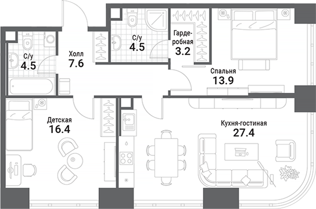 Планировка — Nagatino i-Land, 3-комн., 78 м²