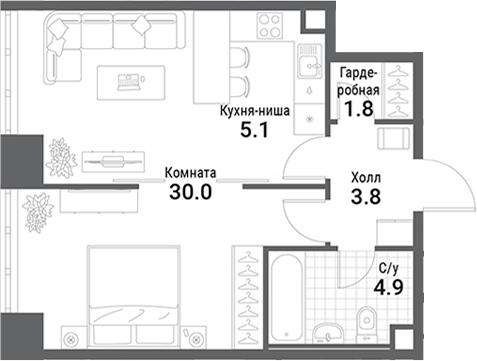 Планировка — Nagatino i-Land, Студия, 46 м²