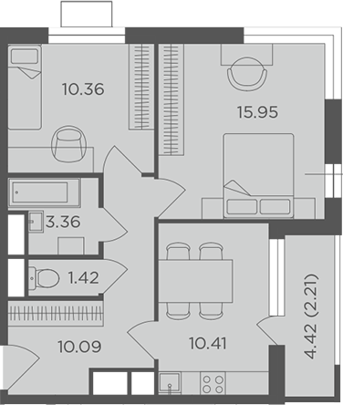 Планировка — Одинград, квартал Семейный, 2-комн., 52 м²