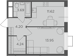 Планировка — Одинград, квартал Семейный, 1-комн., 38 м²