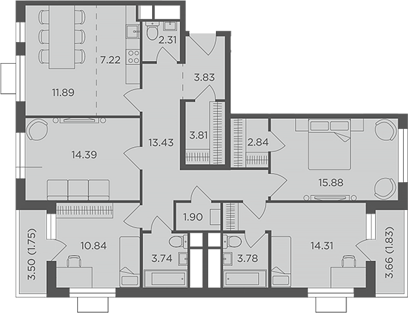 Планировка — Одинград, квартал Семейный, 5-комн., 110 м²