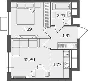 Планировка — Одинград, квартал Семейный, 2-комн., 38 м²
