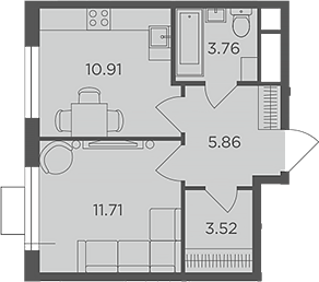 Планировка — Одинград, квартал Семейный, 1-комн., 36 м²