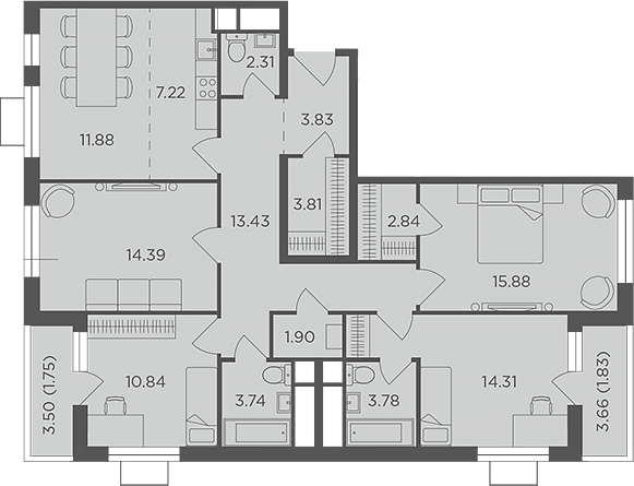 Планировка — Одинград, квартал Семейный, 5-комн., 110 м²