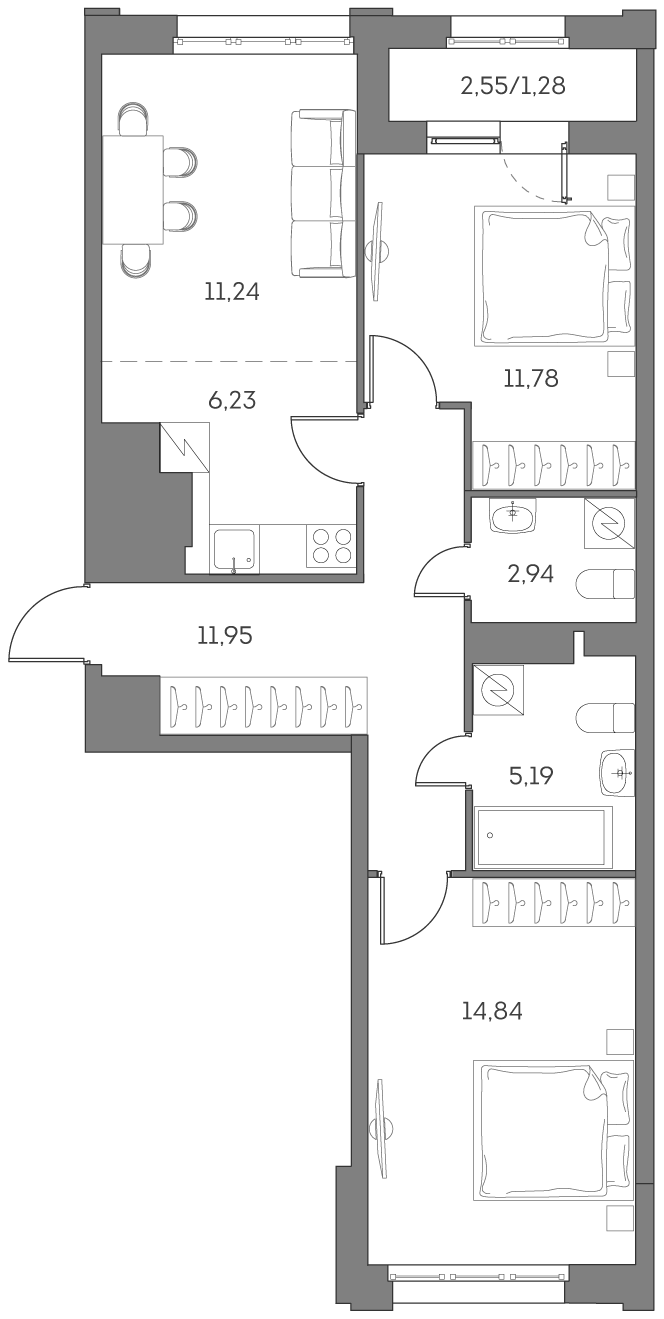 Планировка — Аквилон БИСАЙД 2.0, 3-комн., 64 м²