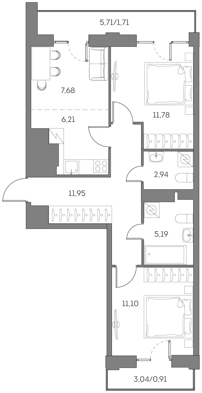 Планировка — Аквилон БИСАЙД 2.0, 3-комн., 57 м²