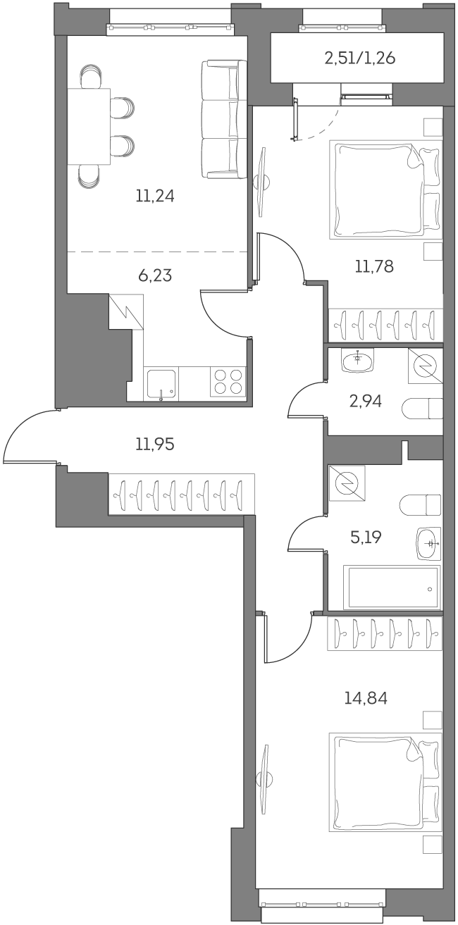 Планировка — Аквилон БИСАЙД 2.0, 3-комн., 64 м²